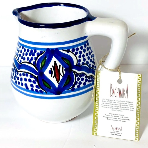 Bachmara Signed Pitcher Hand Made Painted in Tunisia 5.25" Tall 4” Diameter NEW - Picture 1 of 4